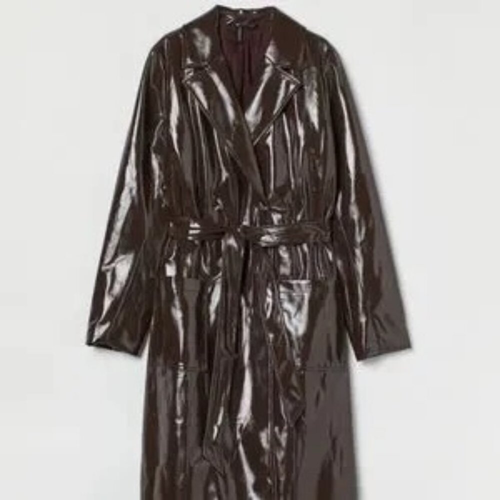 H&M Shiny Brown Women's Pleather  Trench Coat Size XL NWOT